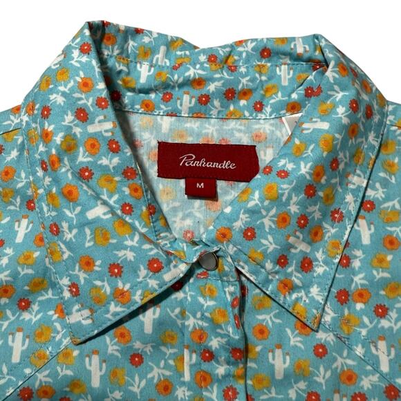 Panhandle Juniors Pearl Snap Shirt Turquoise Blue Floral Cactus Print Medium - Picture 2 of 12